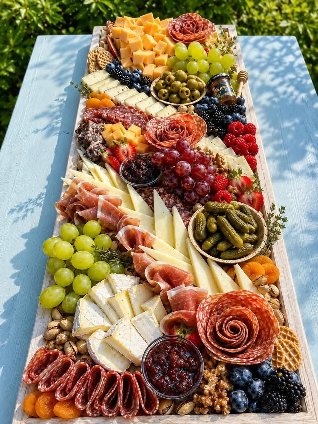 An abundant long grazing board with cured meats, cheeses, fruit, crackers, and accompaniments